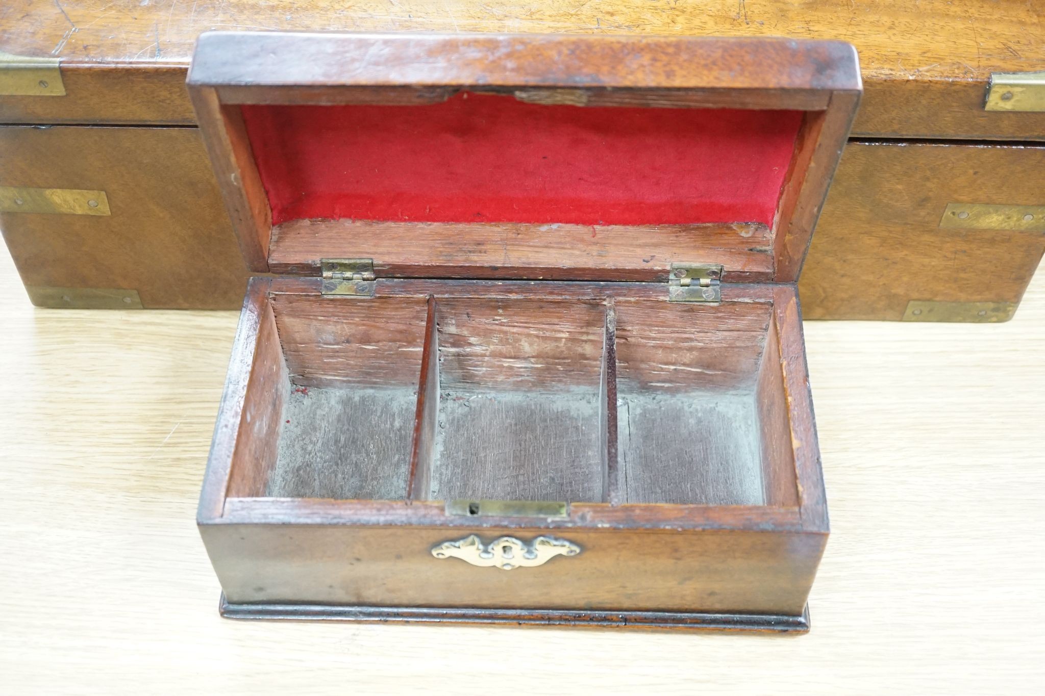 A Victorian mahogany writing slope and Chippendale-period mahogany tea caddy, Writing slope 50 cms wide.